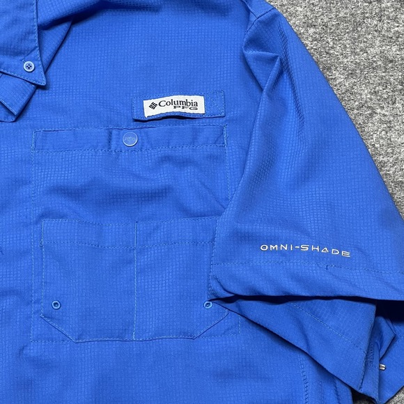Columbia PFG Omni-Shade Shirt Mens Large Blue Short Sleeve Fishing Button Up - Picture 2 of 9